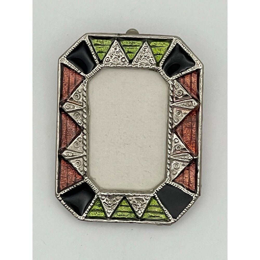 Vintage Frame Brooch Orange Black Green Enamel Silver Tone Metal